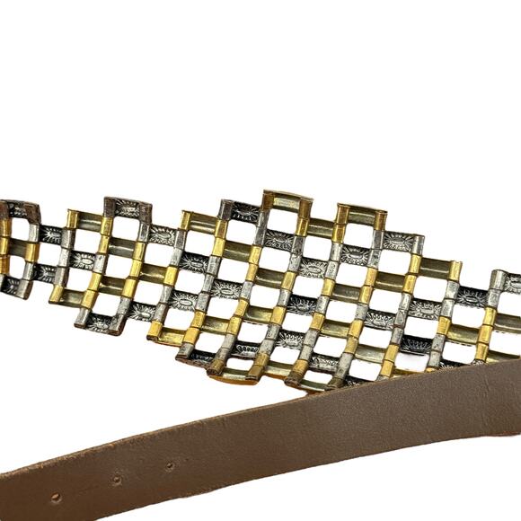 Voltige Paris Belt Cosplay Statement VTG Women's SZ 32 Brown Gold Silver Leather - Picture 6 of 13